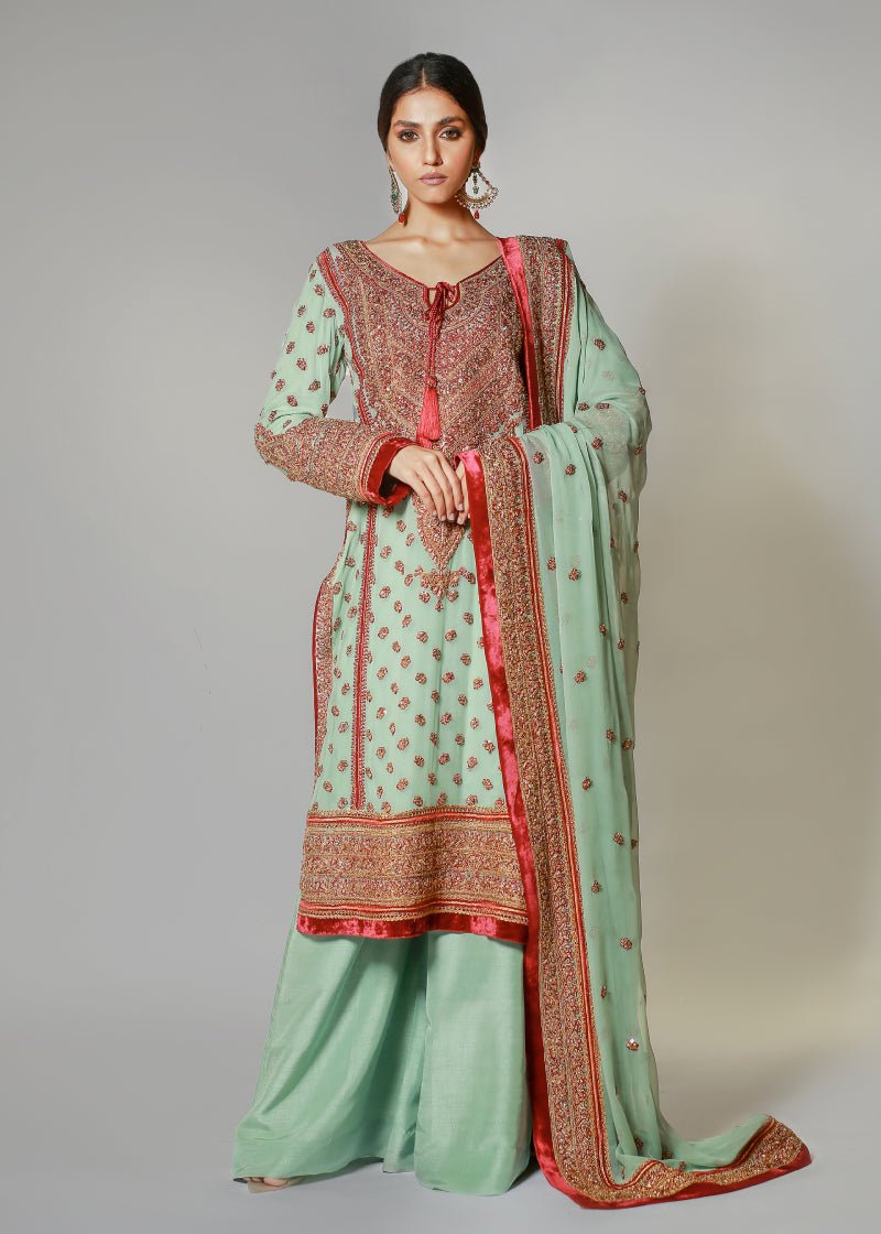 Pakistani Turquoise Marori Embroidered Chiffon Kali Kurta (3-Piece) - Image 1