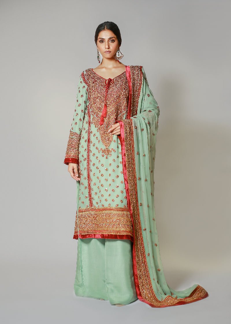 Pakistani Turquoise Marori Embroidered Chiffon Kali Kurta (3-Piece) - Image 2