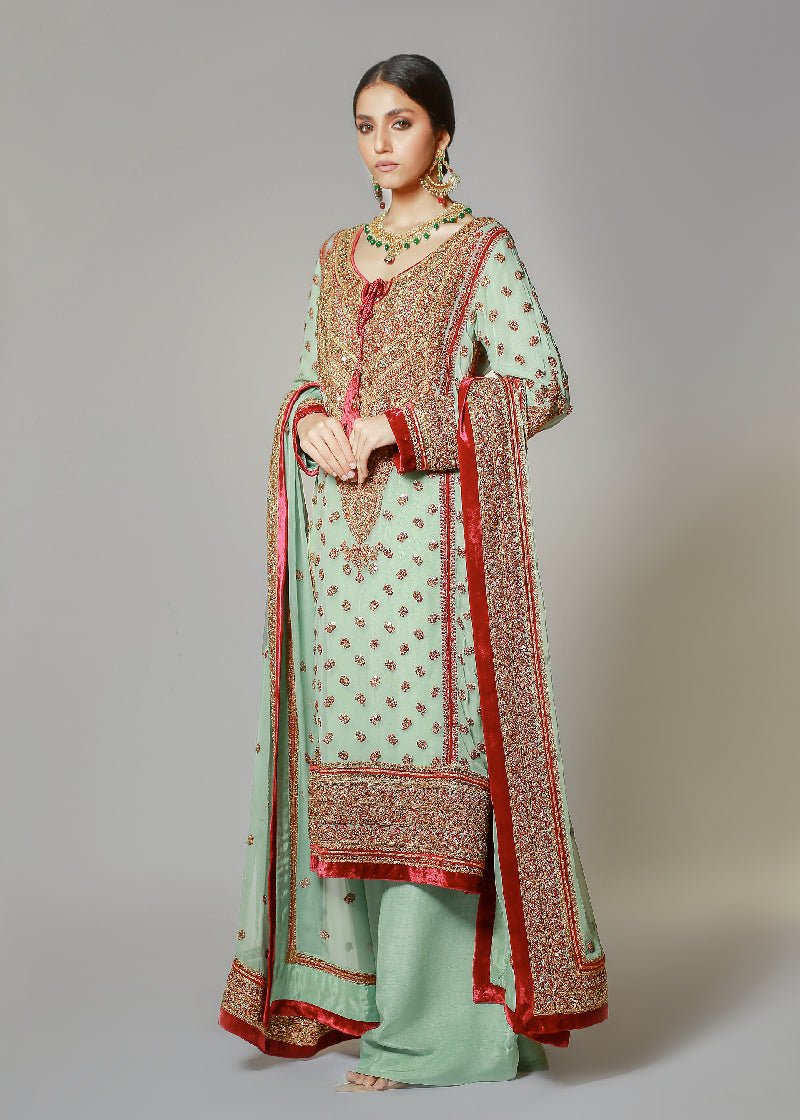 Pakistani Turquoise Marori Embroidered Chiffon Kali Kurta (3-Piece) - Image 3