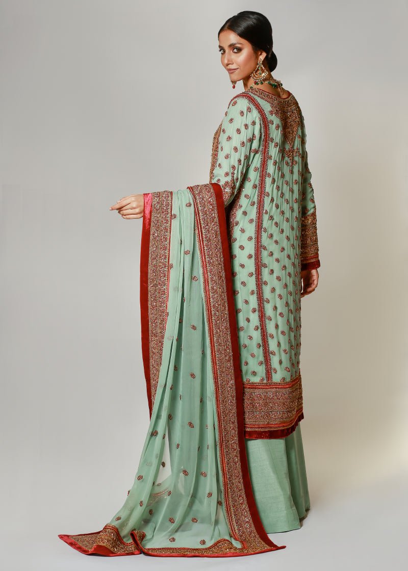 Pakistani Turquoise Marori Embroidered Chiffon Kali Kurta (3-Piece) - Image 4