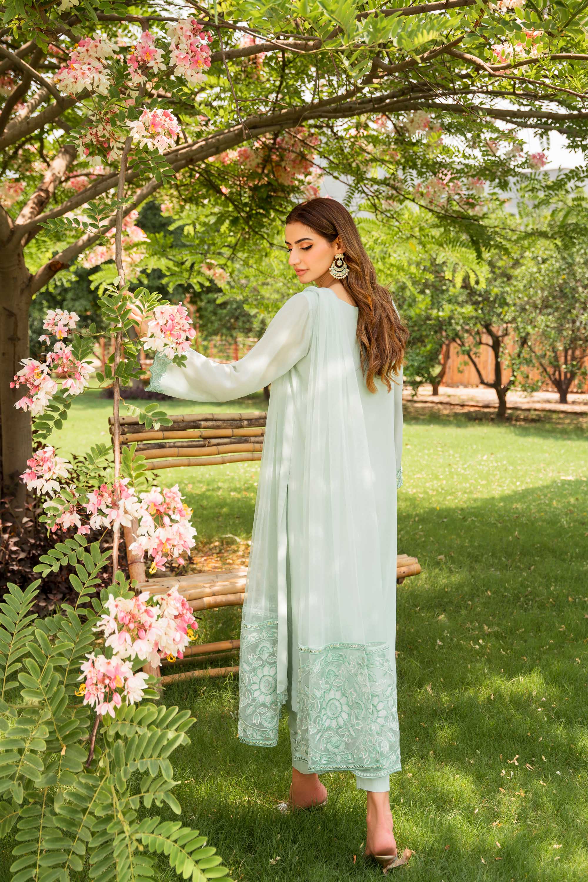 Light Turquoise Embroidered Georgette Chiffon Salwar Kameez (3-Piece) - Image 7