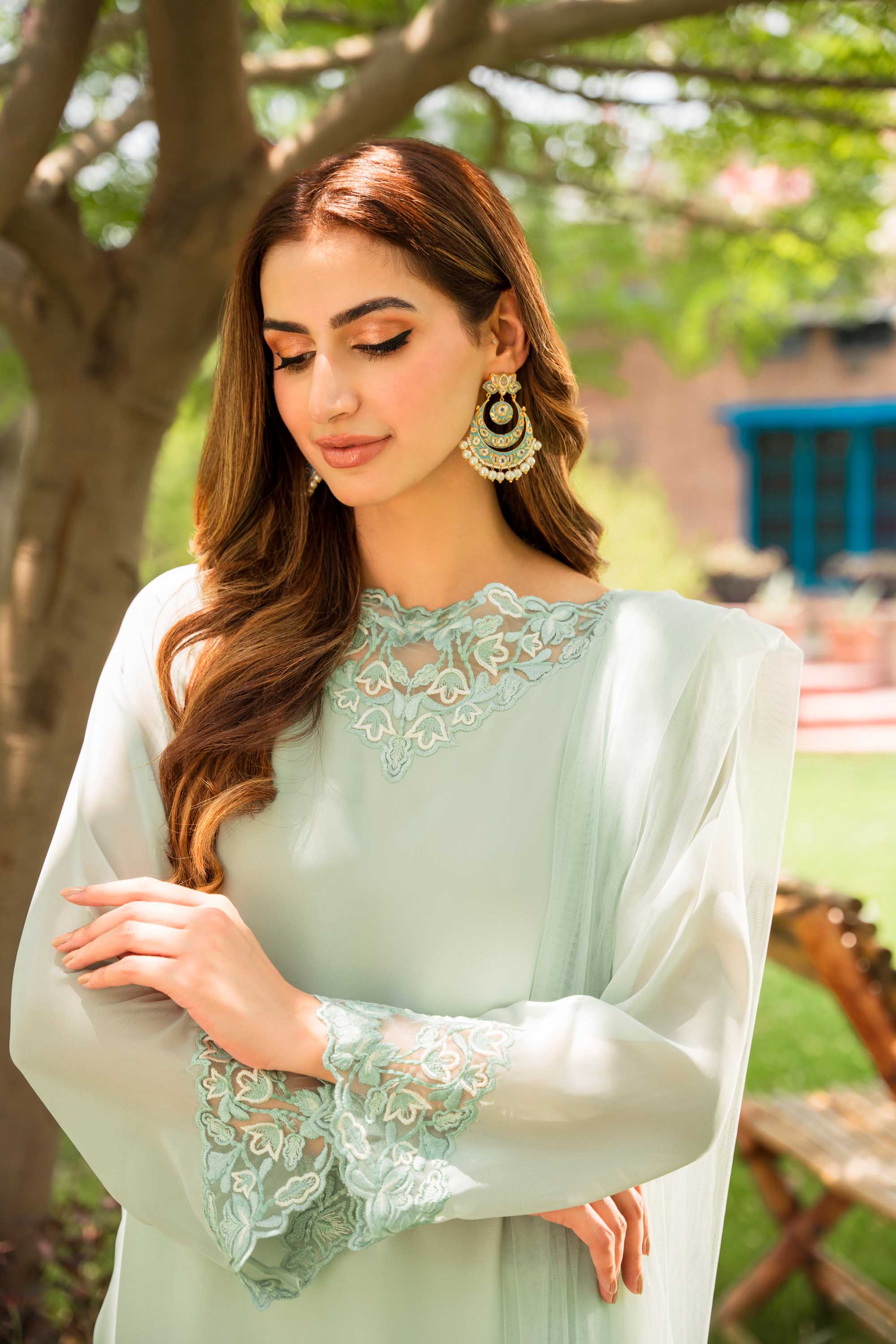 Light Turquoise Embroidered Georgette Chiffon Salwar Kameez (3-Piece) - Image 8