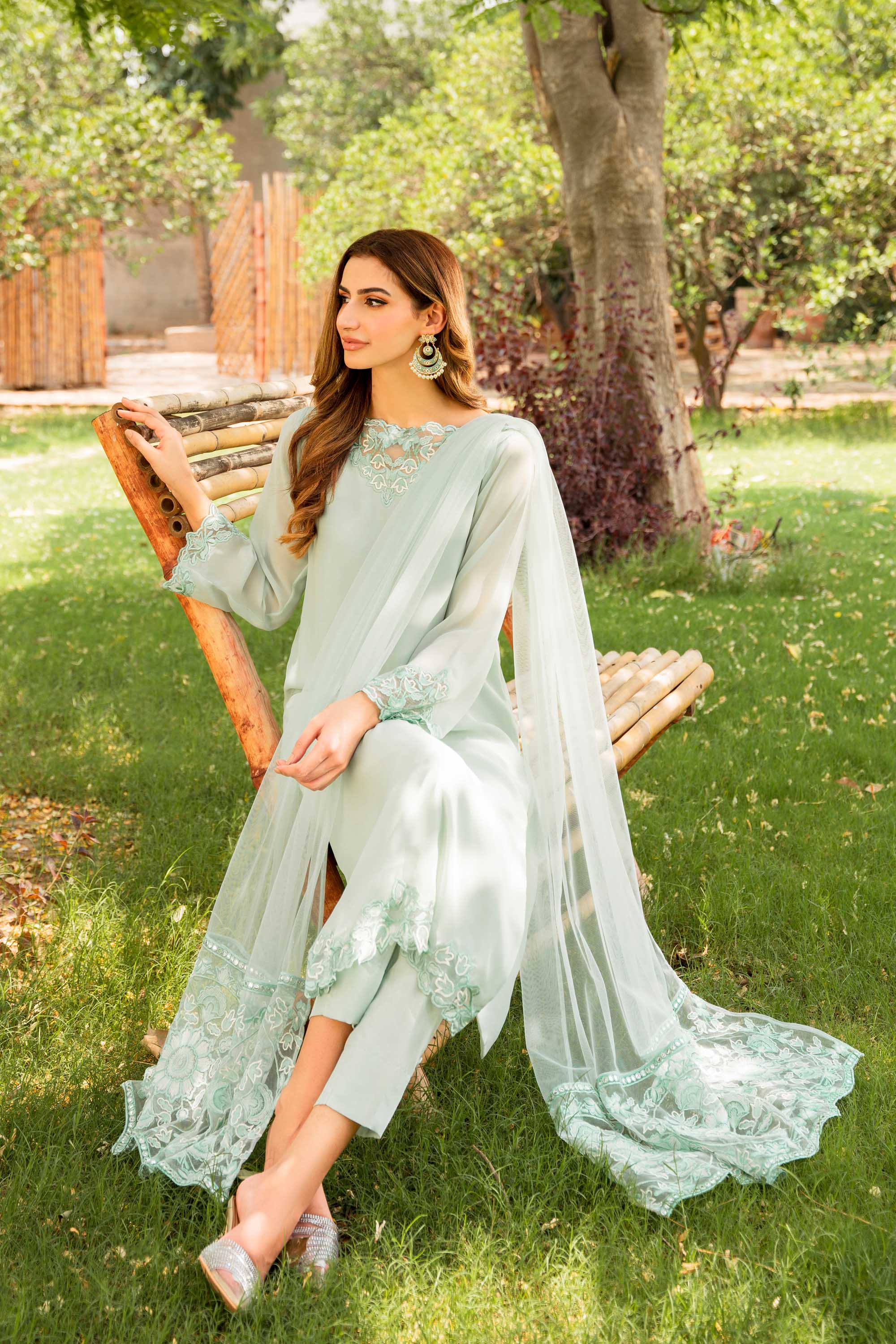 Light Turquoise Embroidered Georgette Chiffon Salwar Kameez (3-Piece) - Image 3
