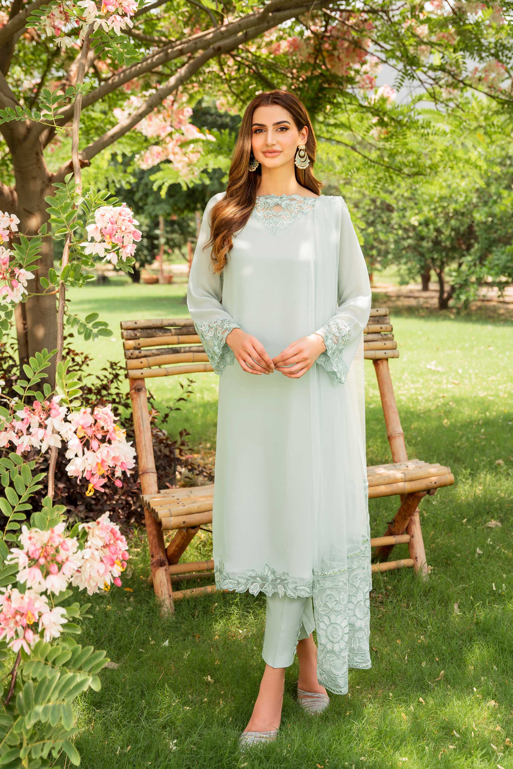 Light Turquoise Embroidered Georgette Chiffon Salwar Kameez (3-Piece) - Image 4