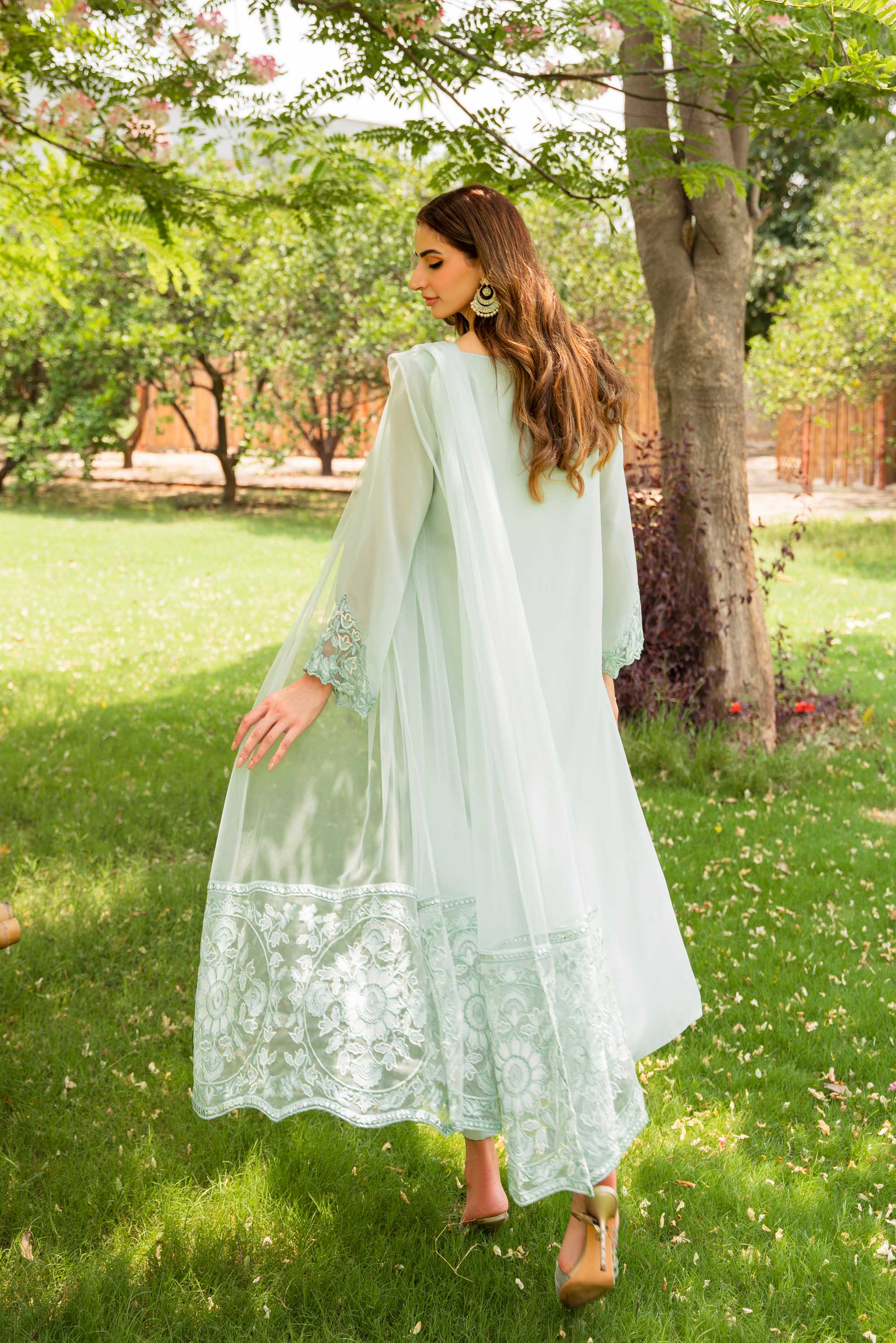 Light Turquoise Embroidered Georgette Chiffon Salwar Kameez (3-Piece) - Image 5