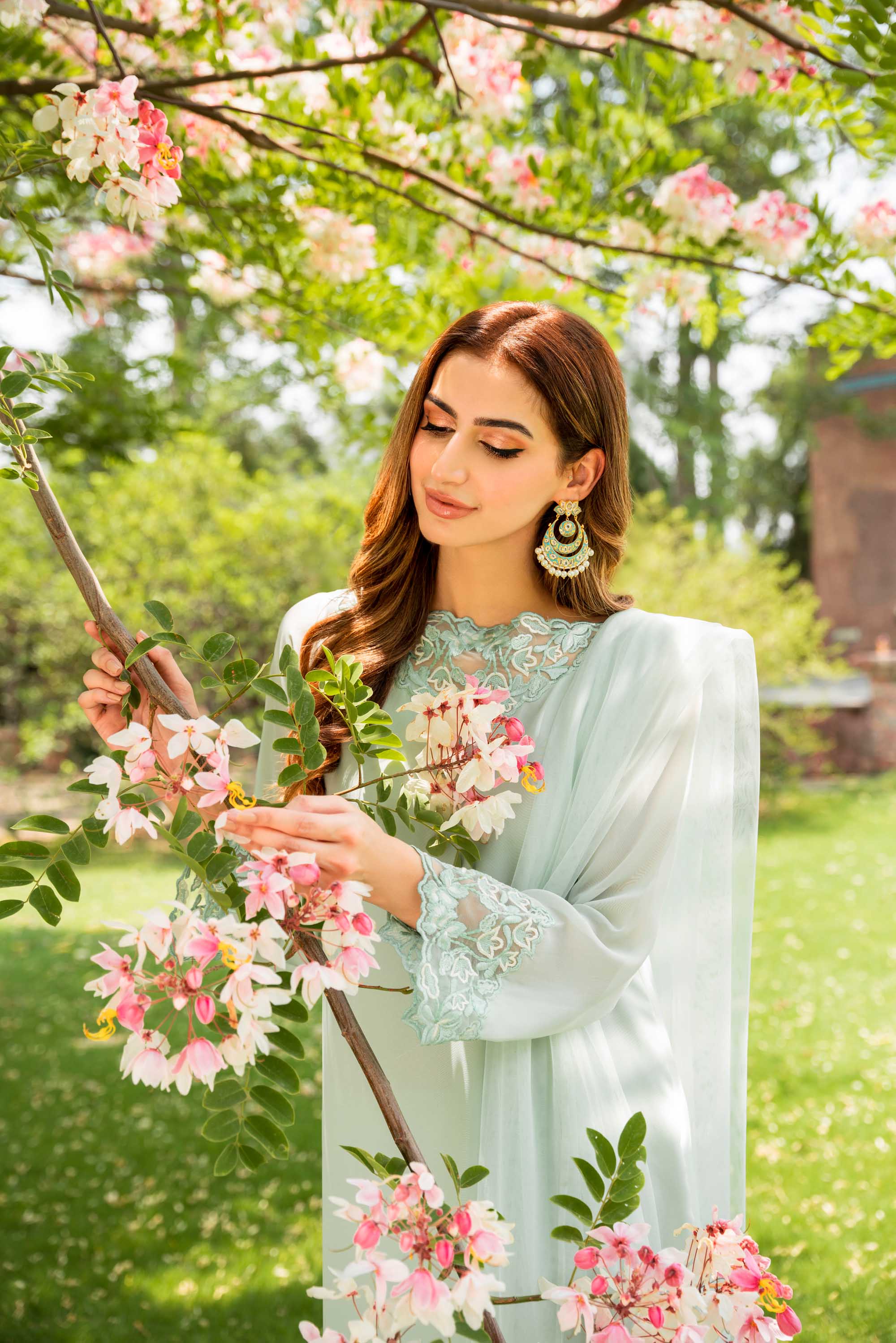 Light Turquoise Embroidered Georgette Chiffon Salwar Kameez (3-Piece) - Image 6