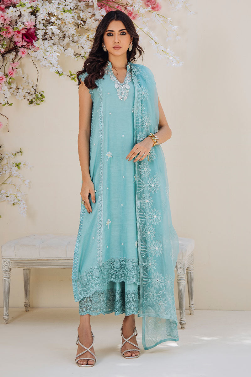 Pakistani Turquoise Hand-Embellished Kora Cotton Salwar Kameez (3-Piece) - Image 1