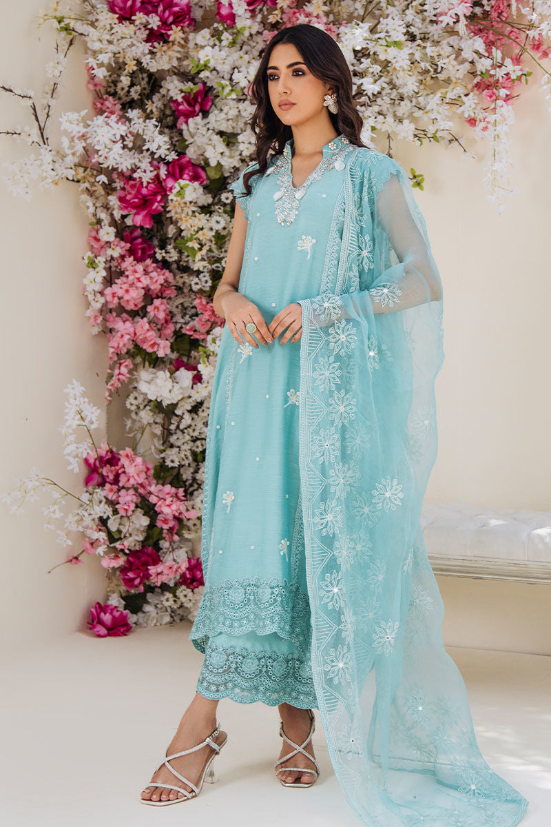 Pakistani Turquoise Hand-Embellished Kora Cotton Salwar Kameez (3-Piece) - Image 2