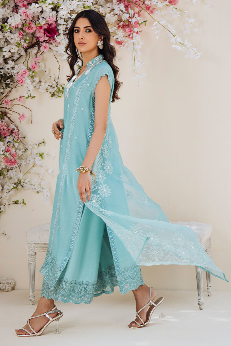Pakistani Turquoise Hand-Embellished Kora Cotton Salwar Kameez (3-Piece) - Image 3