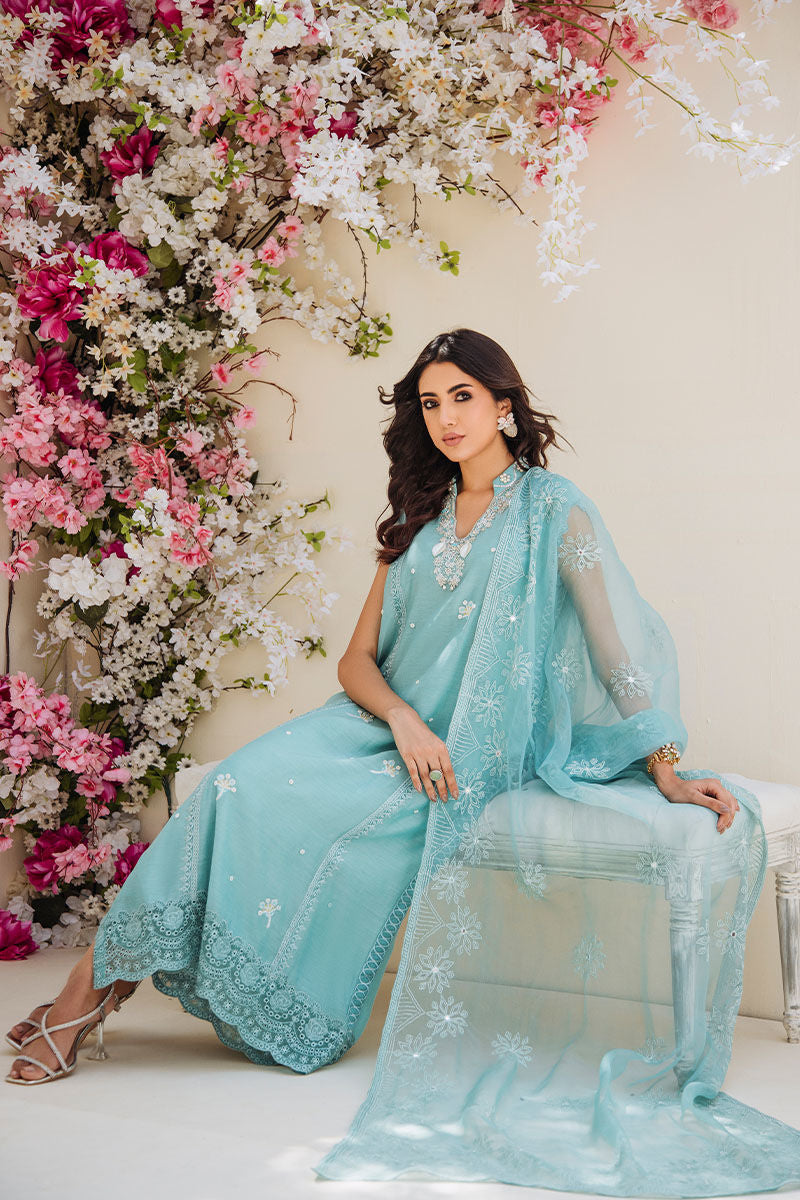 Pakistani Turquoise Hand-Embellished Kora Cotton Salwar Kameez (3-Piece) - Image 4