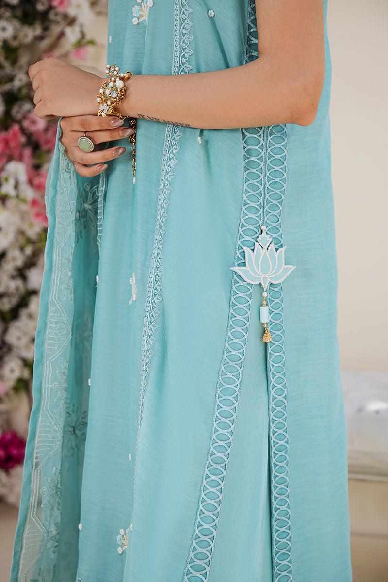 Pakistani Turquoise Hand-Embellished Kora Cotton Salwar Kameez (3-Piece) - Image 7