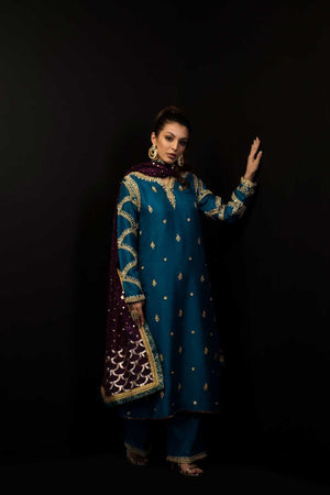 Turquoise Marori Embroidered Silk Salwar Kameez (3-Piece) - Image 1