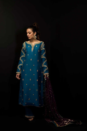 Turquoise Marori Embroidered Silk Salwar Kameez (3-Piece) - Image 2
