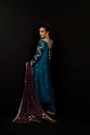 Turquoise Marori Embroidered Silk Salwar Kameez (3-Piece) - Image 3