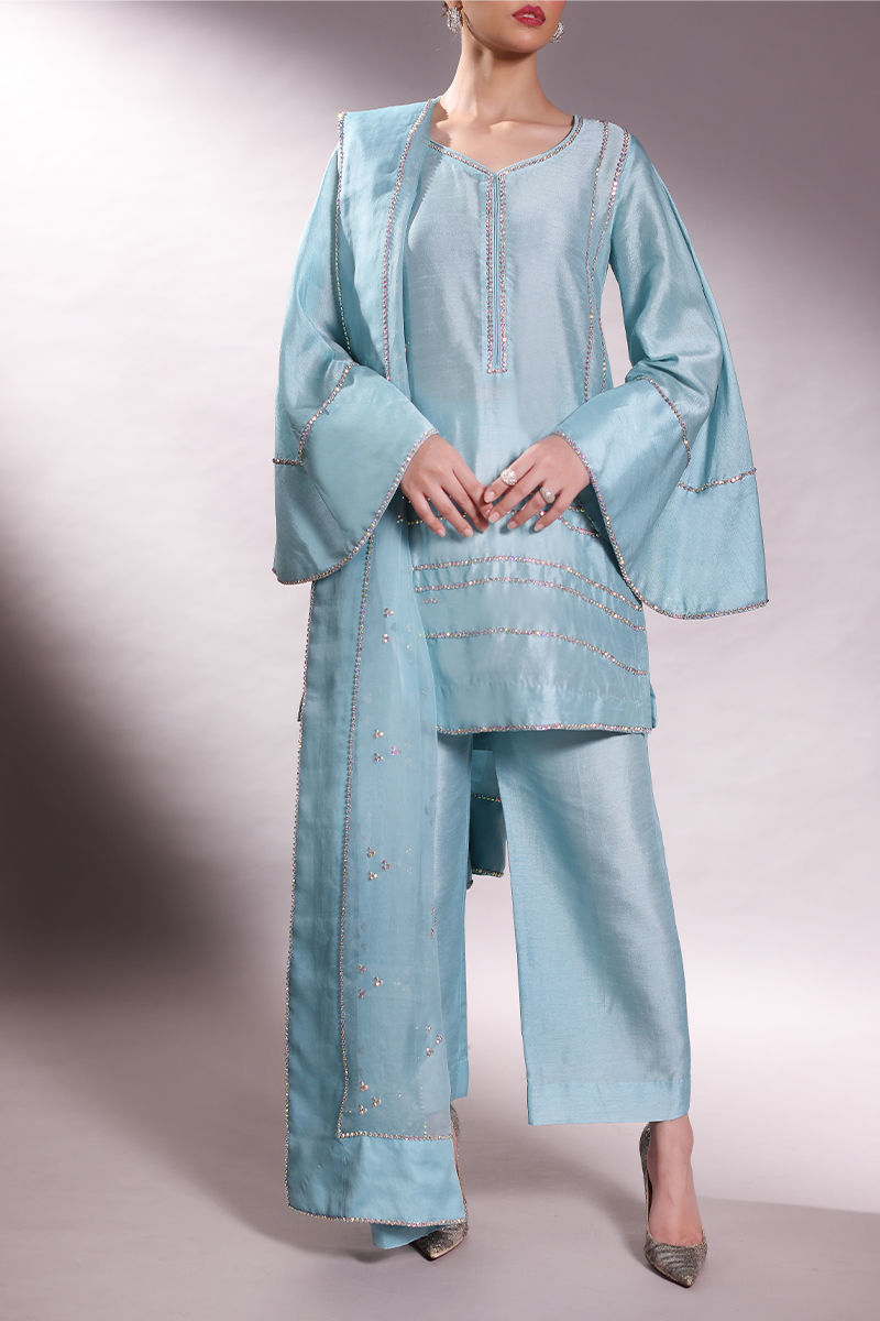 Firozi Swarovski Embellished Silk Salwar Kameez (3-Piece) - Image 1