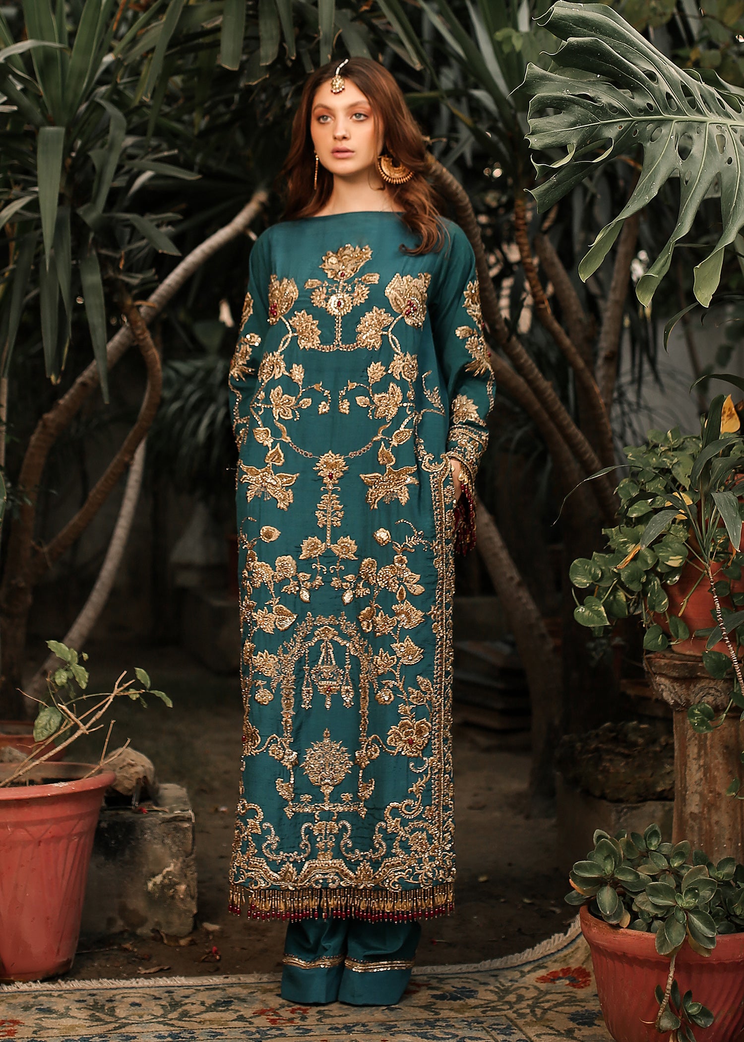 Pakistani Persian Turquoise Embroidered Raw Silk Salwar Kameez (3-Piece) - Image 1