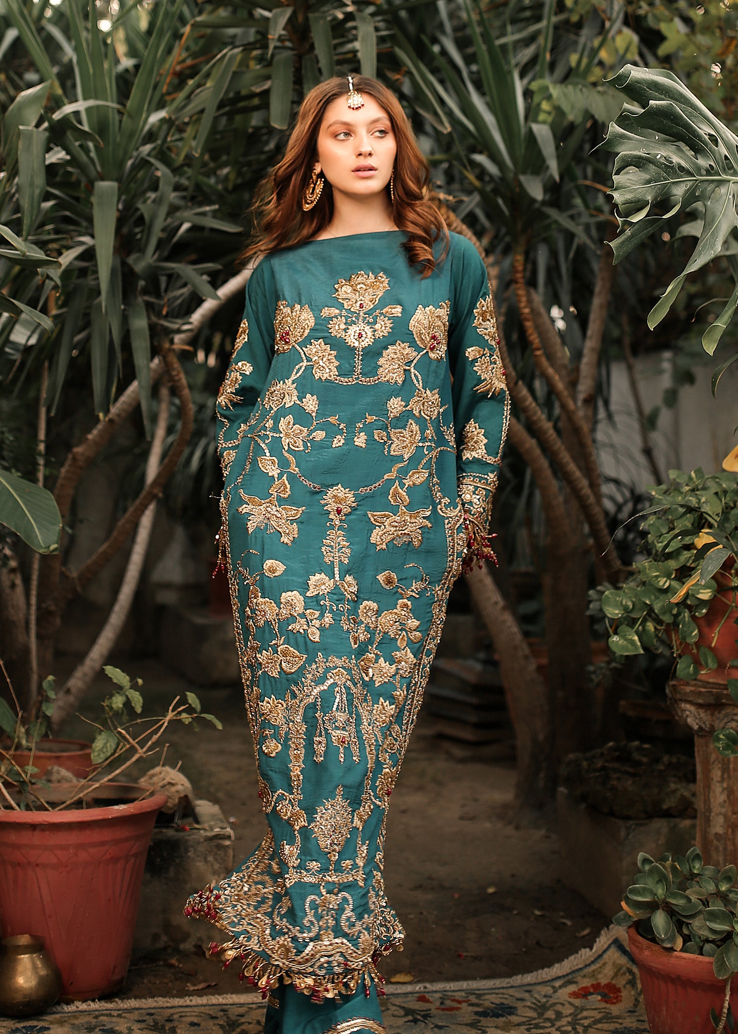 Pakistani Persian Turquoise Embroidered Raw Silk Salwar Kameez (3-Piece) - Image 2