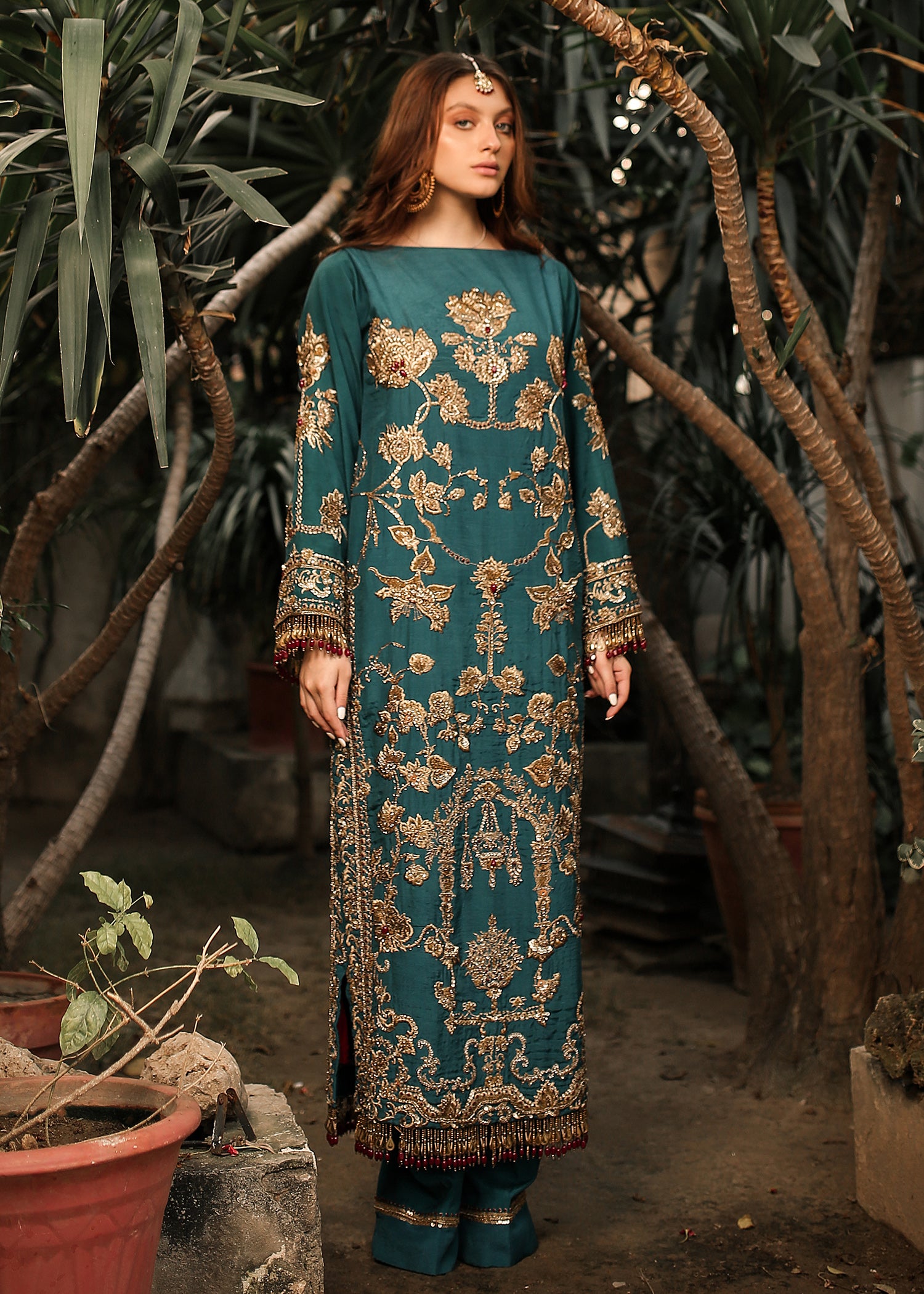 Pakistani Persian Turquoise Embroidered Raw Silk Salwar Kameez (3-Piece) - Image 3