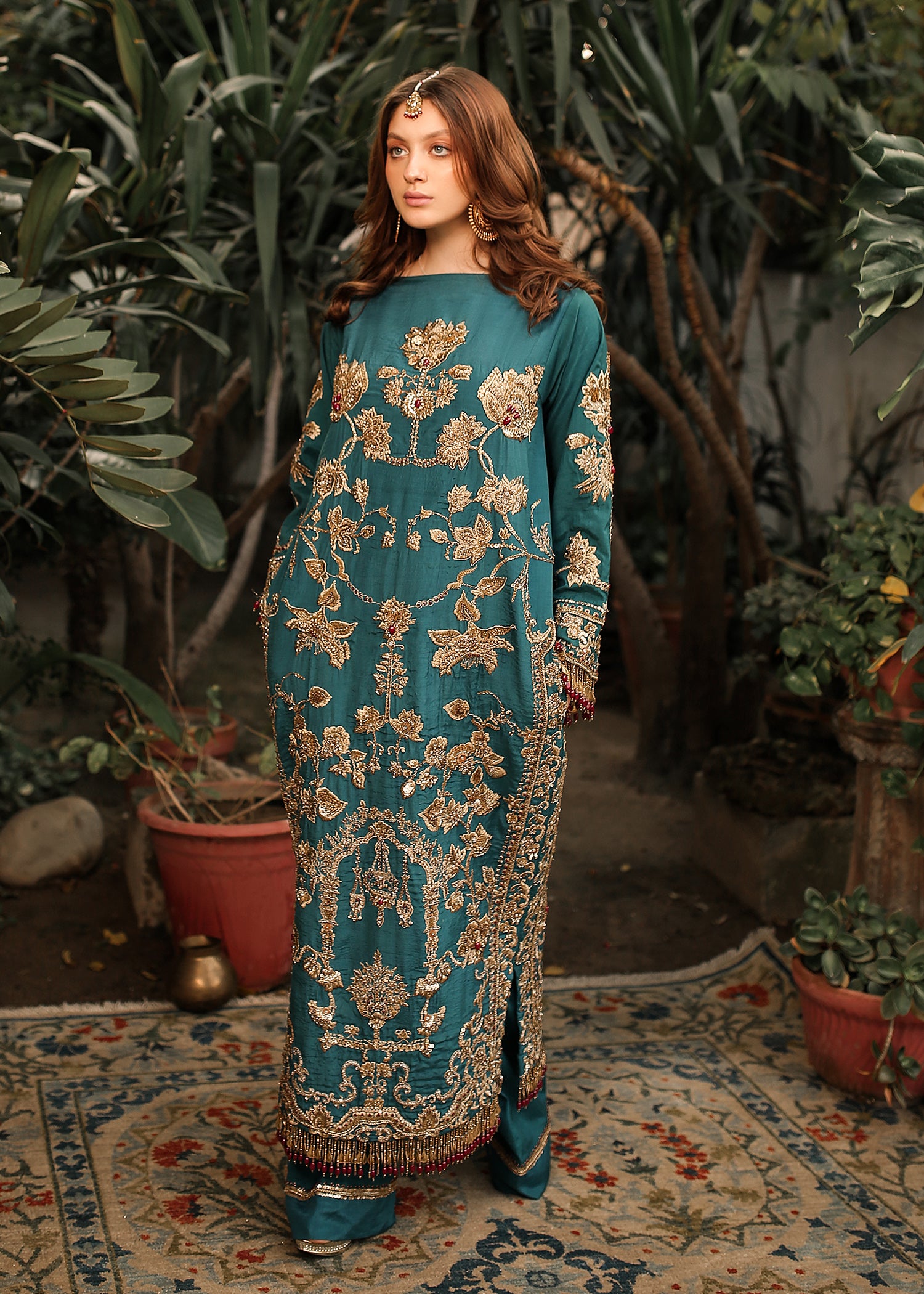 Pakistani Persian Turquoise Embroidered Raw Silk Salwar Kameez (3-Piece) - Image 5