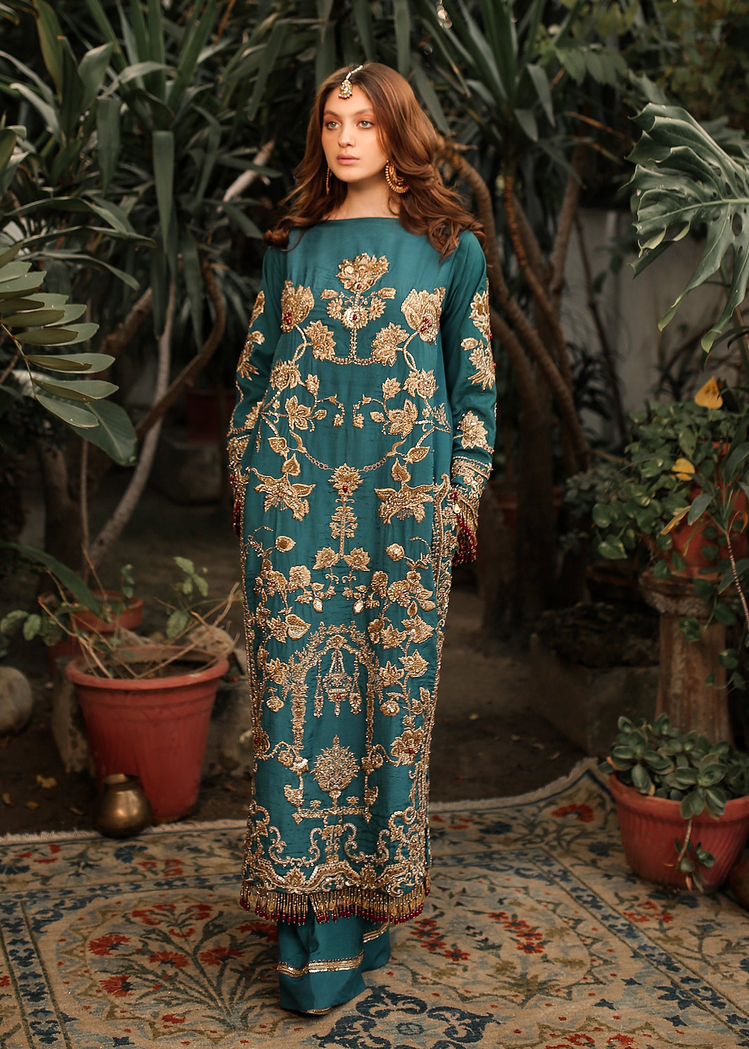 Pakistani Persian Turquoise Embroidered Raw Silk Salwar Kameez (3-Piece) - Image 6