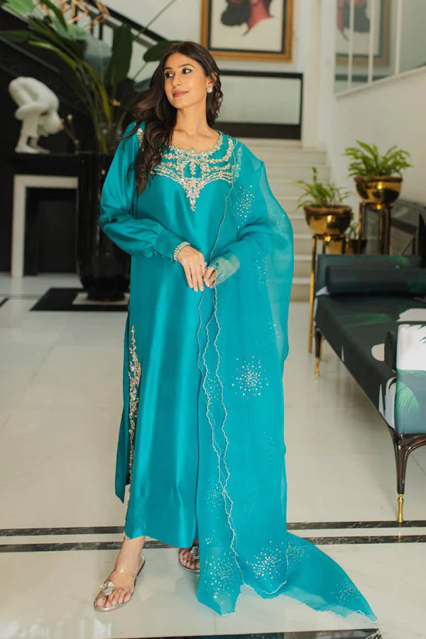 Turquoise Zardozi Embroidered Raw Silk Salwar Kameez (3-Piece) - Image 1