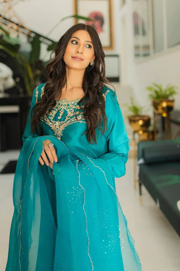 Turquoise Zardozi Embroidered Raw Silk Salwar Kameez (3-Piece) - Image 2