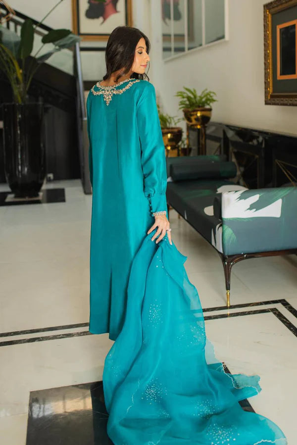 Turquoise Zardozi Embroidered Raw Silk Salwar Kameez (3-Piece) - Image 3