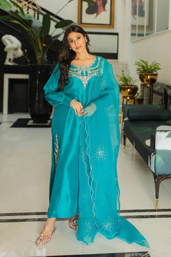 Turquoise Zardozi Embroidered Raw Silk Salwar Kameez (3-Piece) - Image 4