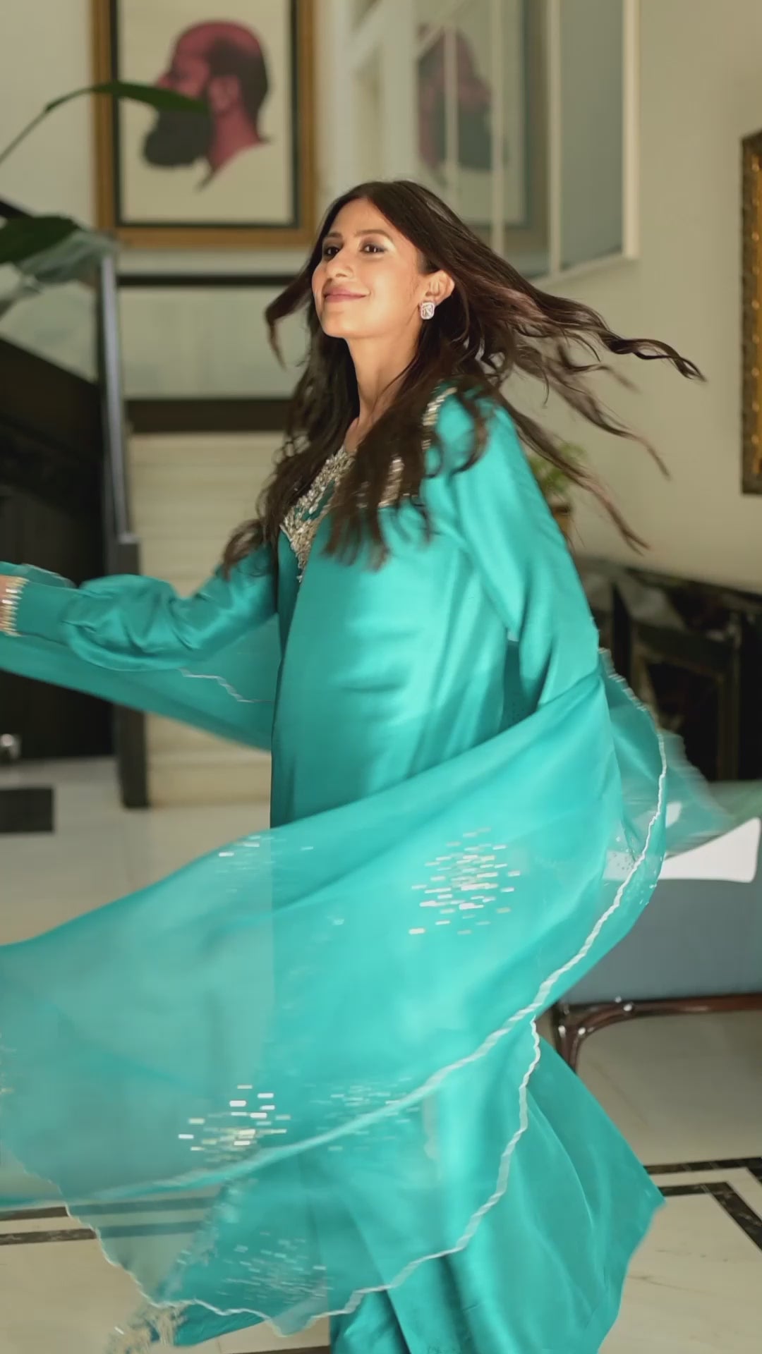 Turquoise Zardozi Embroidered Raw Silk Salwar Kameez (3-Piece) - Image 5