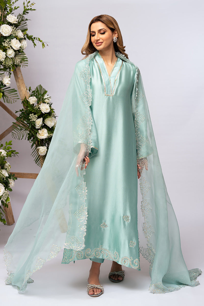 Pakistani Powder Turquoise Embellished Sheesha Silk Salwar Kameez (3-Piece) - Image 5