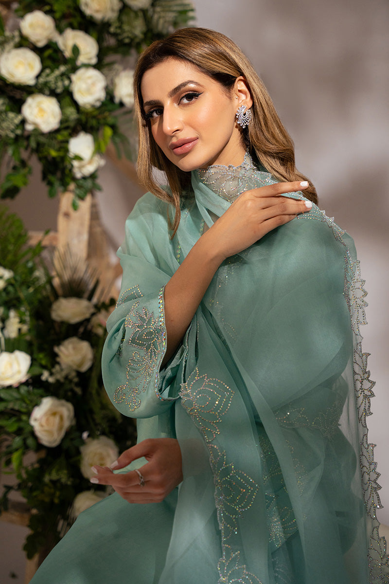 Pakistani Powder Turquoise Embellished Sheesha Silk Salwar Kameez (3-Piece) - Image 8