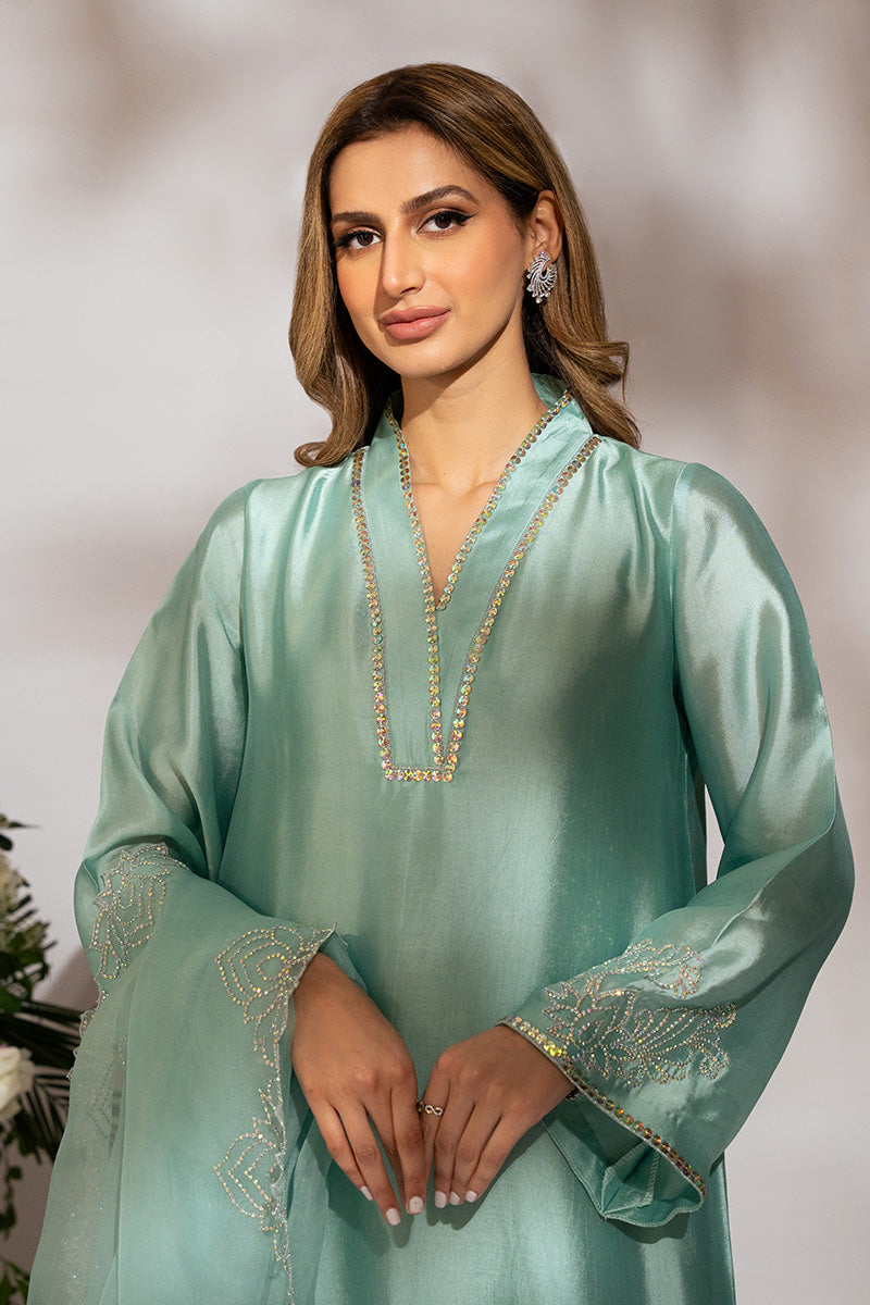 Pakistani Powder Turquoise Embellished Sheesha Silk Salwar Kameez (3-Piece) - Image 3
