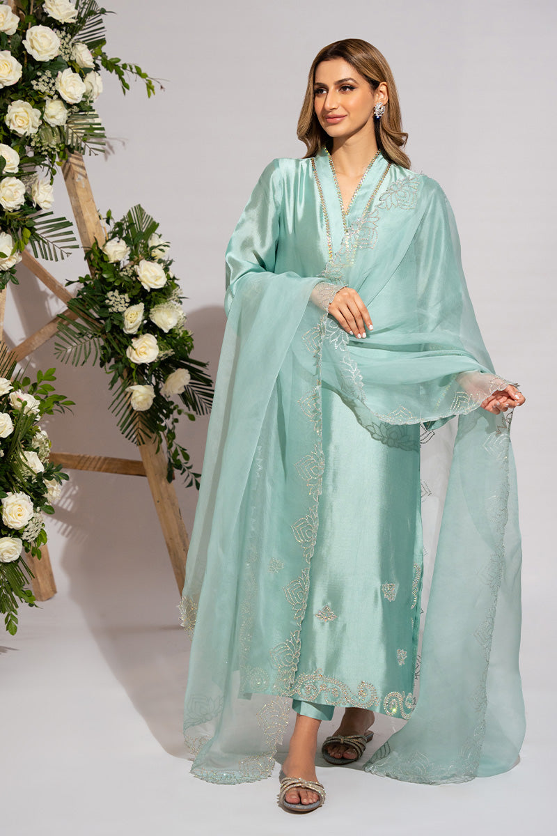 Pakistani Powder Turquoise Embellished Sheesha Silk Salwar Kameez (3-Piece) - Image 4