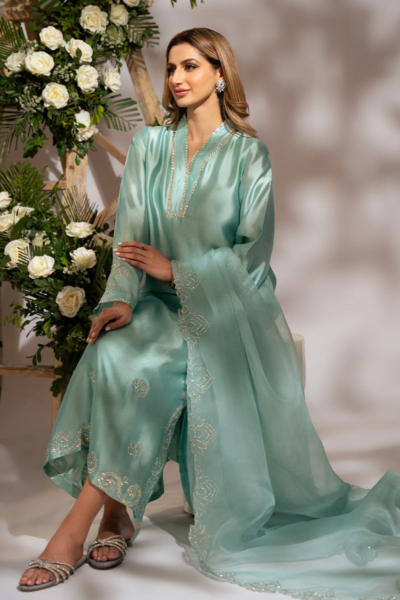 Pakistani Powder Turquoise Embellished Sheesha Silk Salwar Kameez (3-Piece) - Image 6