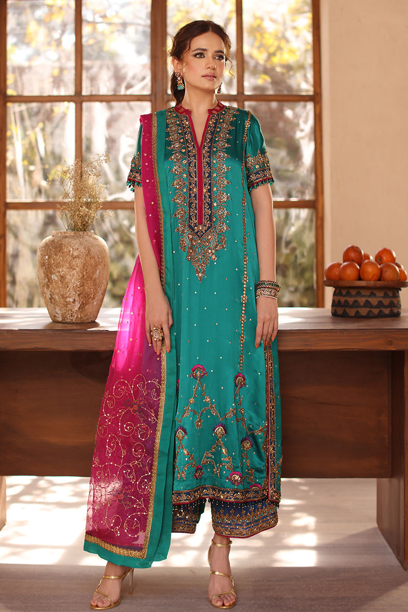 Pakistani Turquoise Hand-Embellished Pure Silk Salwar Kameez (3-Piece) - Image 1
