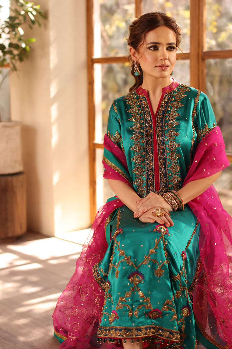 Pakistani Turquoise Hand-Embellished Pure Silk Salwar Kameez (3-Piece) - Image 2
