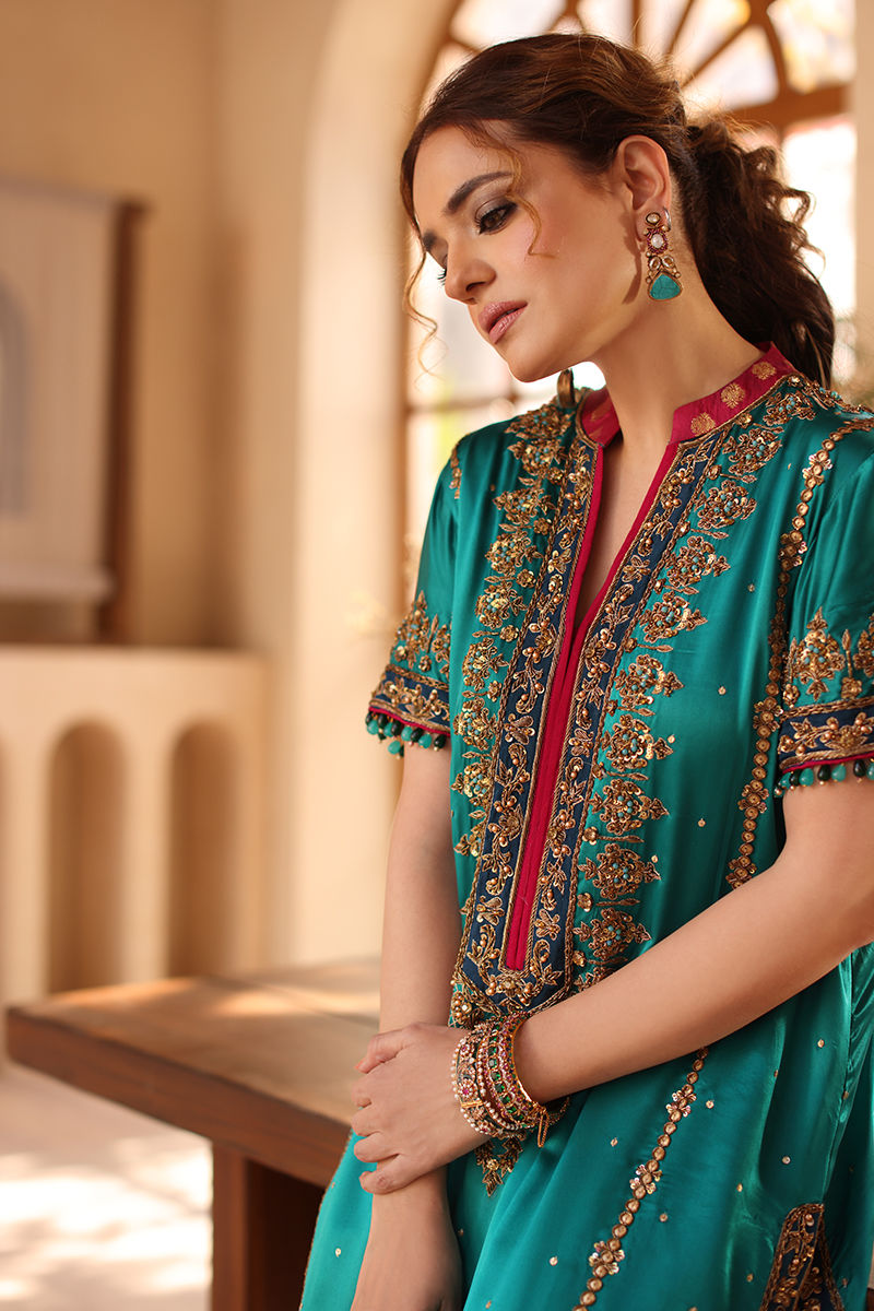 Pakistani Turquoise Hand-Embellished Pure Silk Salwar Kameez (3-Piece) - Image 4