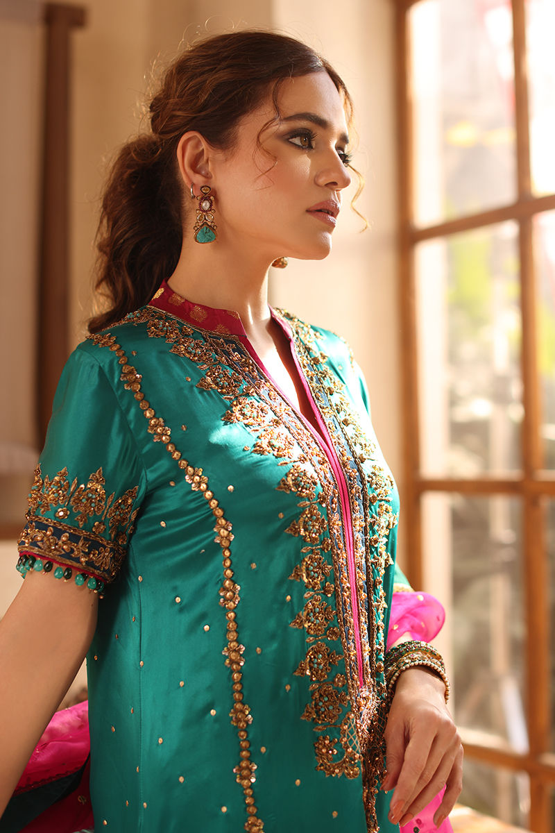 Pakistani Turquoise Hand-Embellished Pure Silk Salwar Kameez (3-Piece) - Image 5