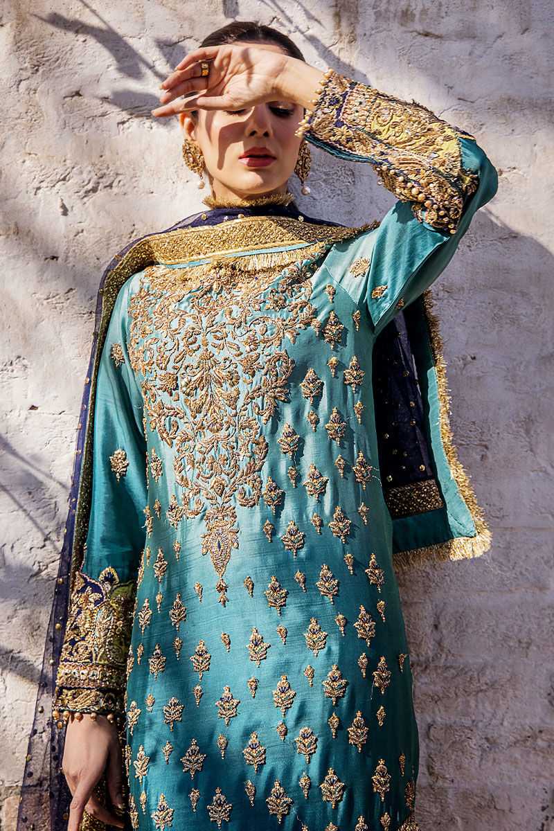 Turquoise Ombre Embroidered Silk Salwar Kameez (3-Piece) - Image 1