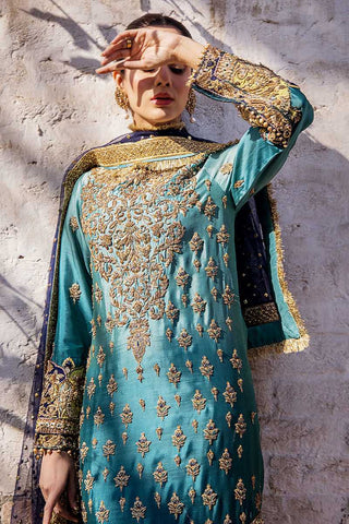 Turquoise Ombre Embroidered Silk Salwar Kameez (3-Piece) - Image 2