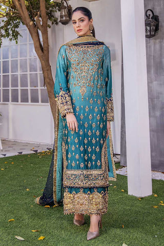 Turquoise Ombre Embroidered Silk Salwar Kameez (3-Piece) - Image 3