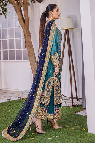 Turquoise Ombre Embroidered Silk Salwar Kameez (3-Piece) - Image 4