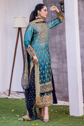 Turquoise Ombre Embroidered Silk Salwar Kameez (3-Piece) - Image 6