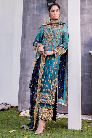 Turquoise Ombre Embroidered Silk Salwar Kameez (3-Piece) - Image 8