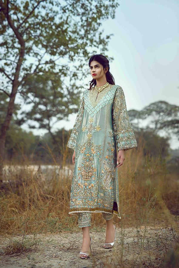 Turquoise Embroidered Tissue Kurta Set (2-Piece) - Image 1