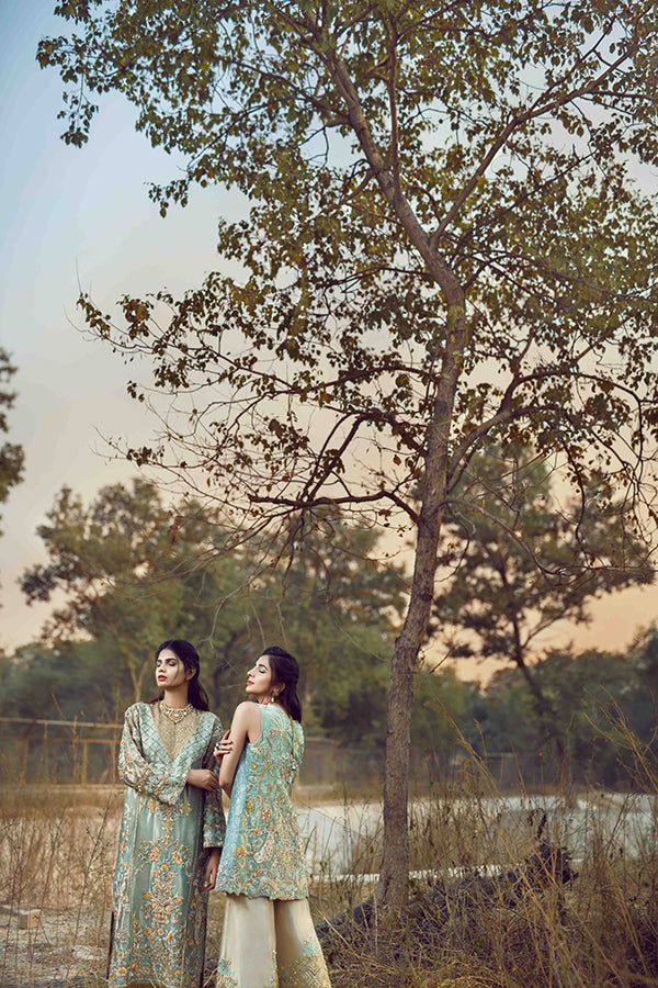 Turquoise Embroidered Tissue Kurta Set (2-Piece) - Image 3