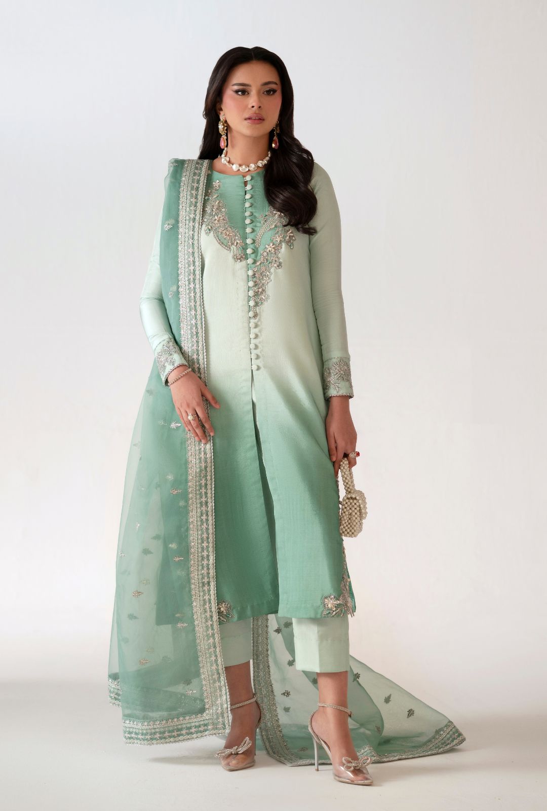 Pakistani Turquoise Ombre Embellished Tussle Silk Salwar Kameez (3-Piece) - Image 1