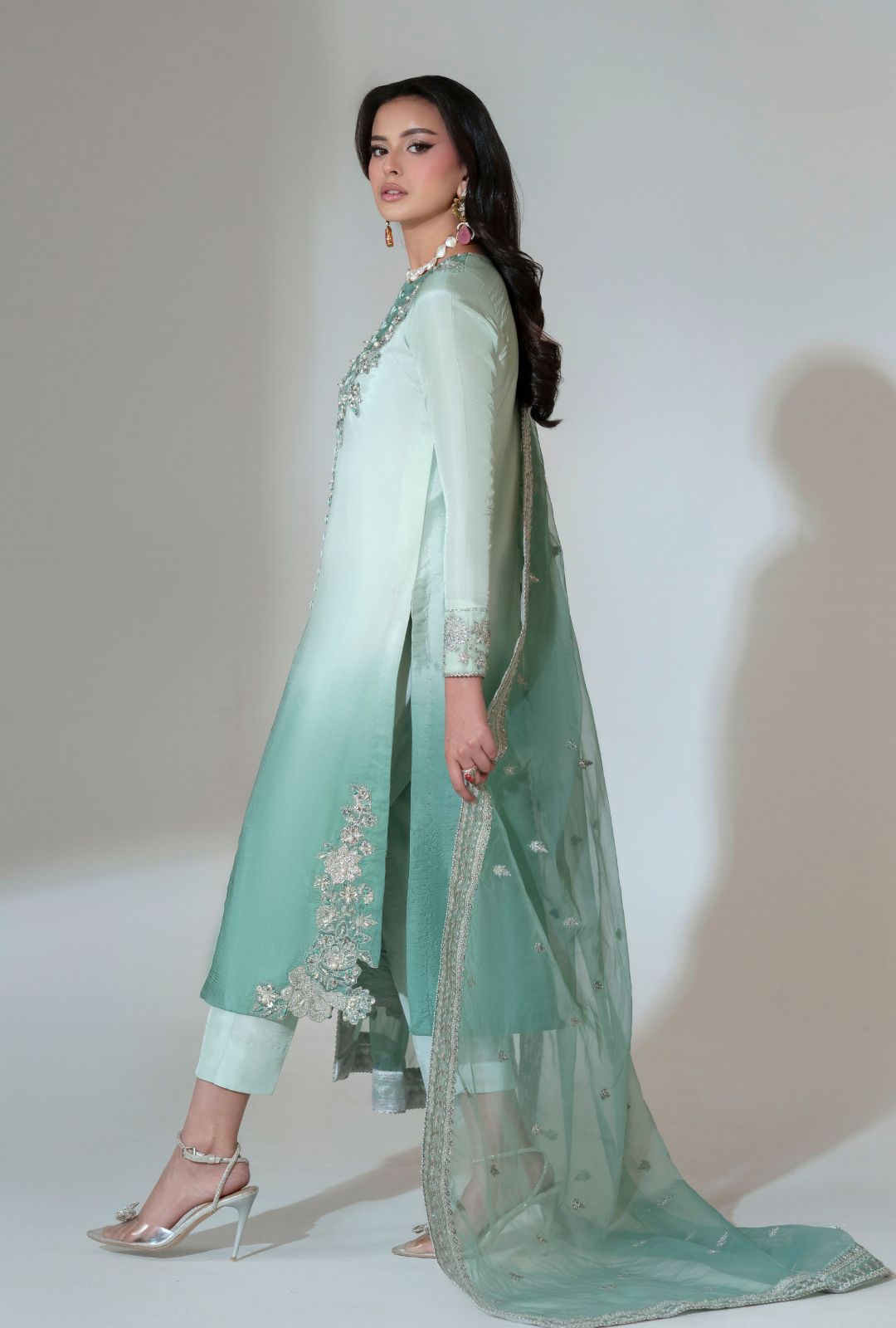 Pakistani Turquoise Ombre Embellished Tussle Silk Salwar Kameez (3-Piece) - Image 2