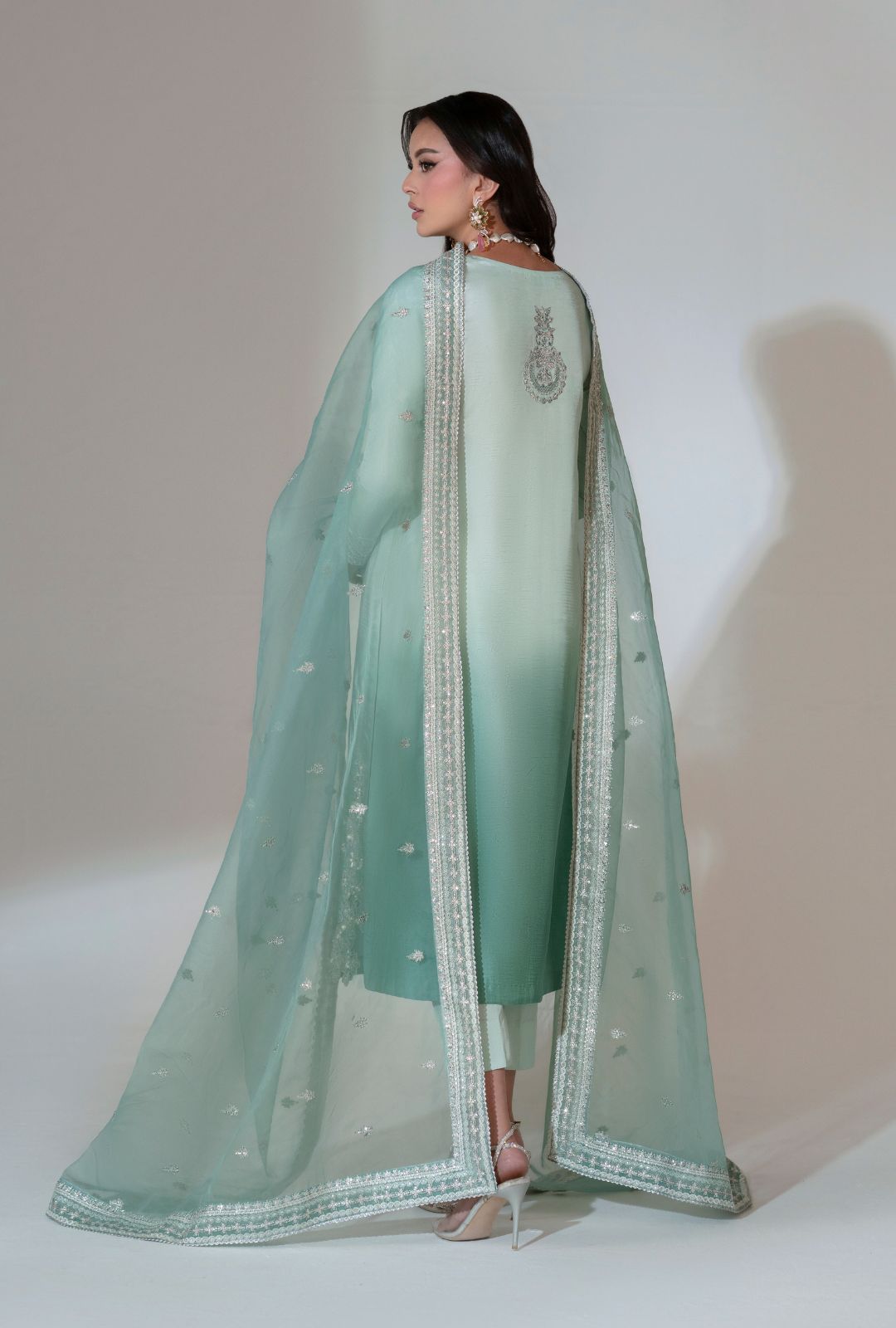 Pakistani Turquoise Ombre Embellished Tussle Silk Salwar Kameez (3-Piece) - Image 3