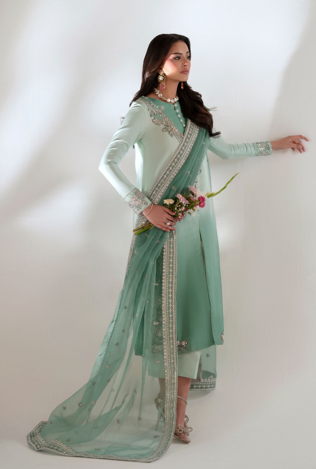Pakistani Turquoise Ombre Embellished Tussle Silk Salwar Kameez (3-Piece) - Image 4